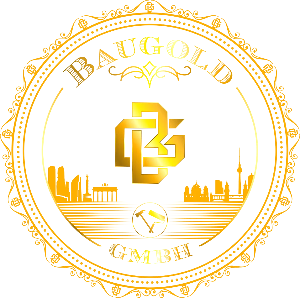 Baugold Wort und Bildmarke Logo. Messebau Logo & Sanitär Logo